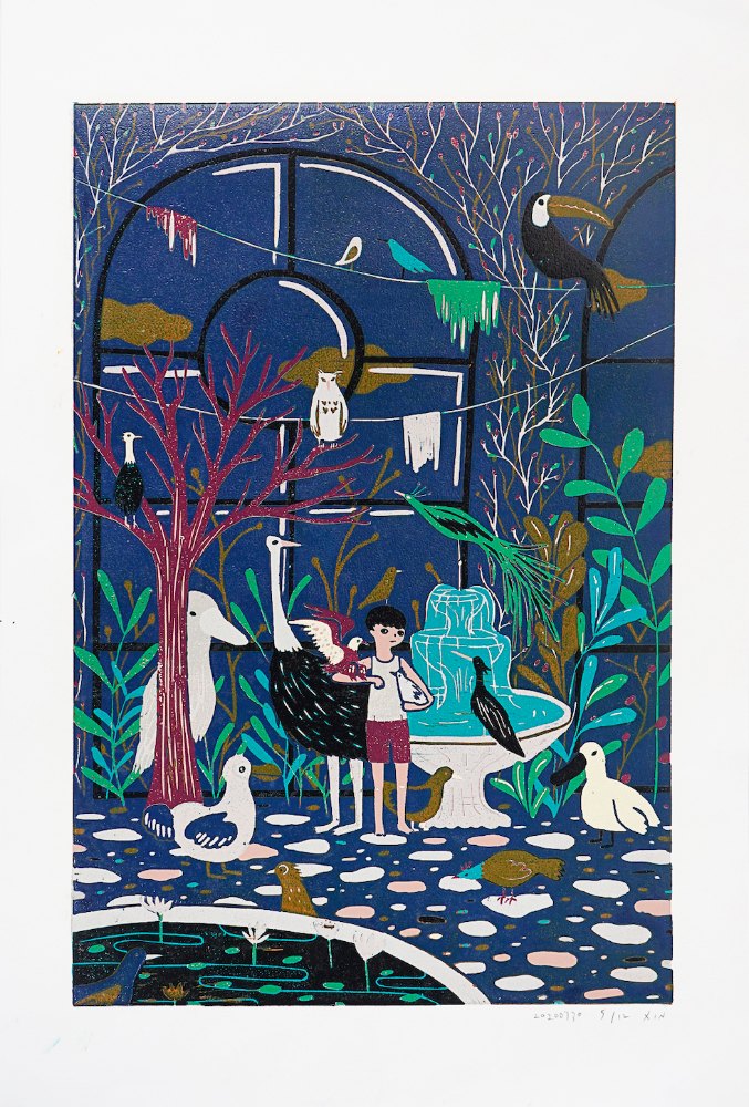 蔡詠欣 XINs《原作版畫 · 鳥園 Bird Park》：藍／紫色調，人物與角色題材，直幅限量作品。 作品原圖。