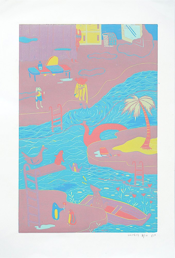 蔡詠欣 XINs《版畫 · 漂漂河 Drifting River》：人物與角色題材，直幅限量作品。 作品原圖。