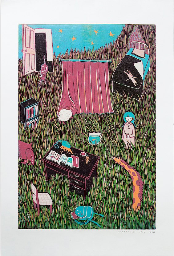 蔡詠欣 XINs《原作版畫 · 草的房間 Grass Room》：人物與角色題材，直幅限量作品。 作品原圖。