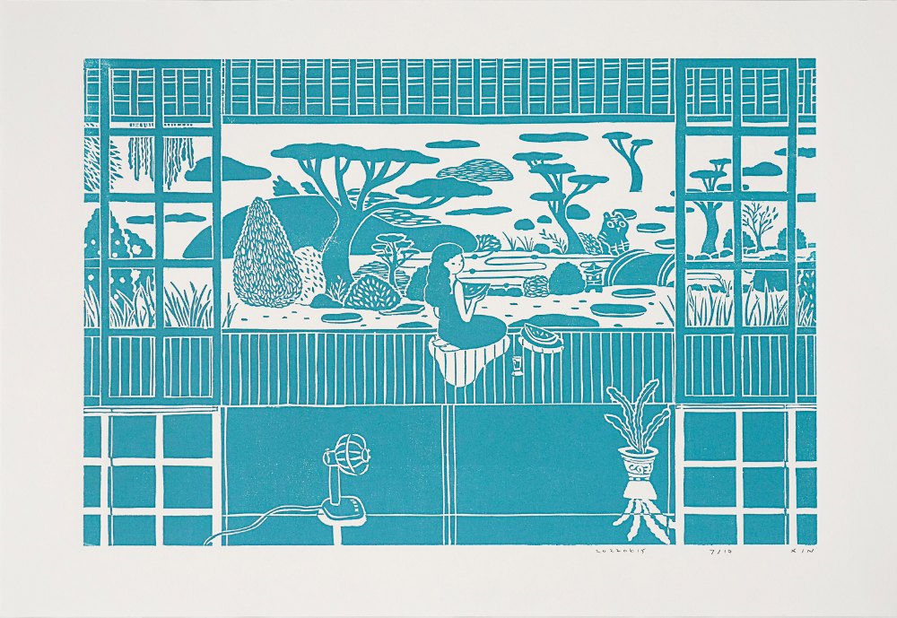 Summer Yard by XINs, a horizontal limited-edition artwork featuring figures and characters, in teal tones. Artwork image.