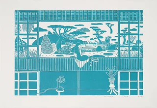 蔡詠欣 XINs《版畫 · 夏日庭園 Summer Yard》：藍綠色調，建築與物件與角色題材，橫幅限量作品。 作品原圖。