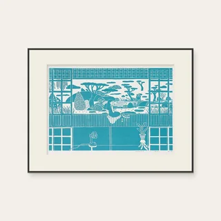 蔡詠欣 XINs《版畫 · 夏日庭園 Summer Yard》：藍綠色調，建築與物件與角色題材，橫幅限量作品。 封面圖片。