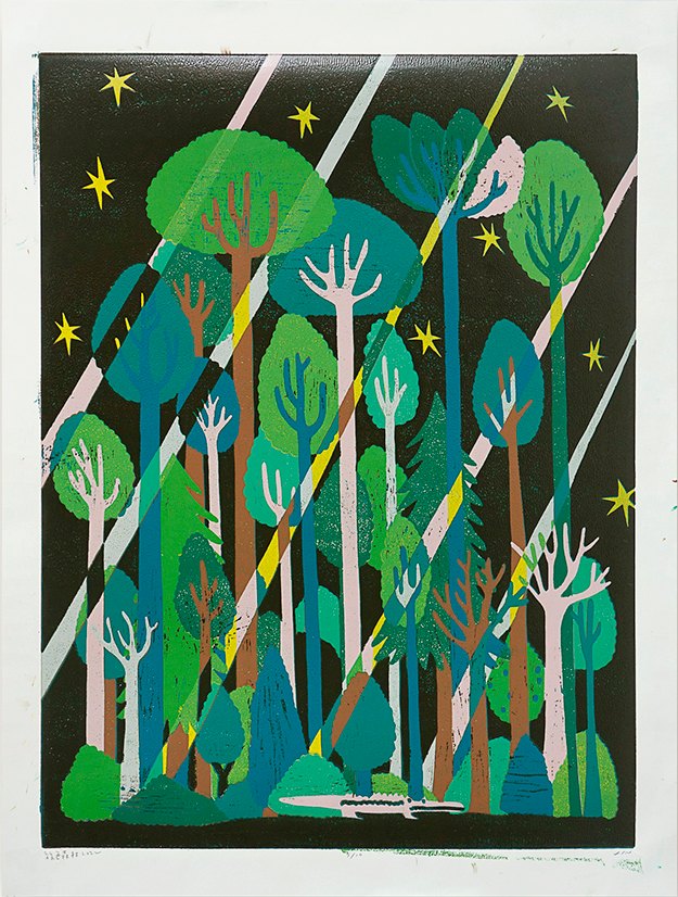 Forest Green by XINs, a vertical limited-edition artwork featuring figures and characters, in green tones. Artwork image.