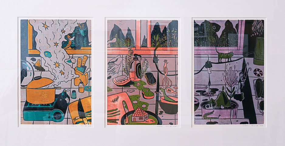Kitchen Sink (Triptych) by XINs, a horizontal limited-edition artwork featuring figures and characters, in red / orange and multicoloured and blue / purple tones. Artwork image.
