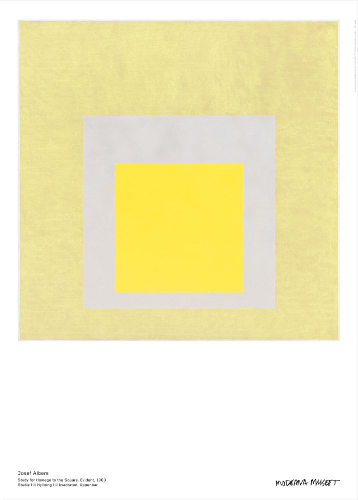 Josef Albers《Study for Homage to the Square. Evident, 1960》：黃色調，抽象線條題材，直幅海報。 作品原圖。