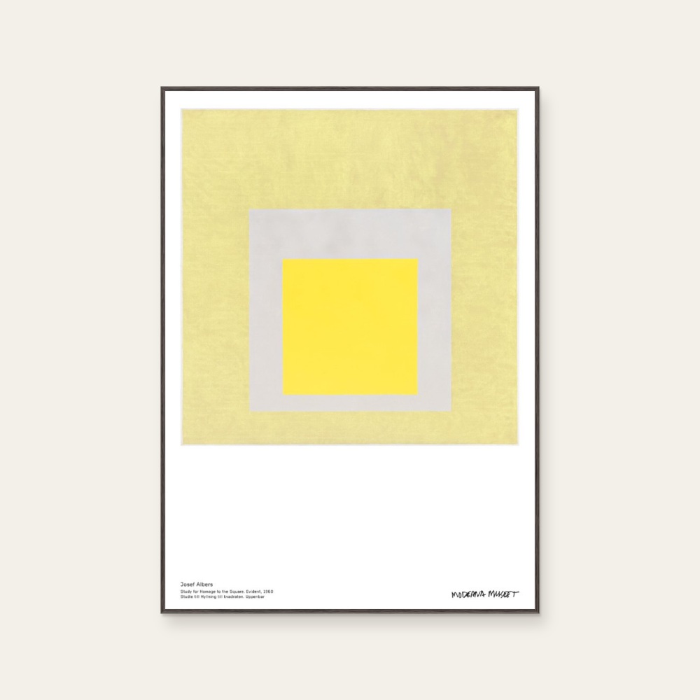 Josef Albers《Study for Homage to the Square. Evident, 1960》:黃色調,抽象線條題材,直幅海報。 封面圖片。