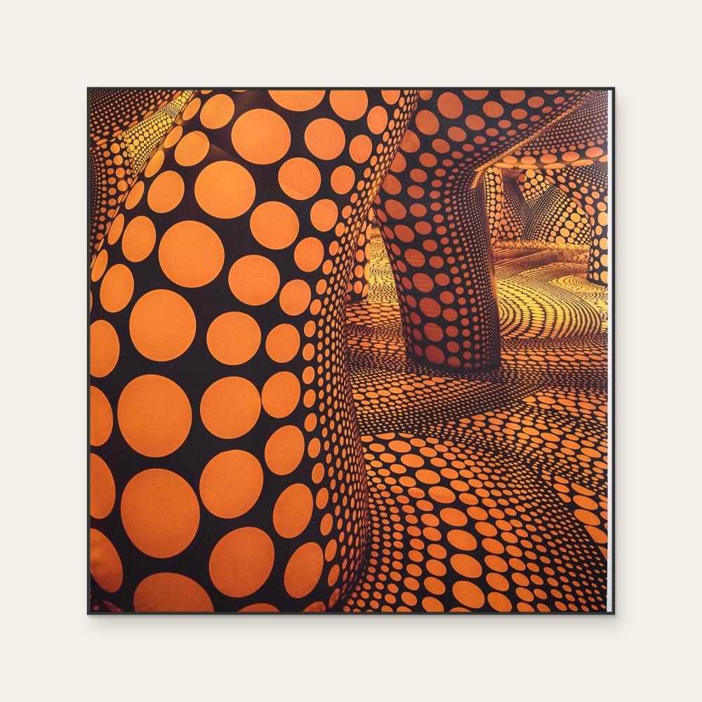the hope of the polka dots by Yayoi Kusama, a vertical poster featuring abstract lines, in red / orange and cream / brown tones. Product image 2.