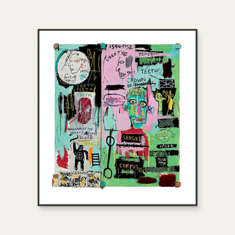 尚-米榭·巴斯奇亞 Jean-Michel Basquiat《In Italian, 1983》:多彩色調,塗鴉與潮流題材,直幅海報。 封面圖片。