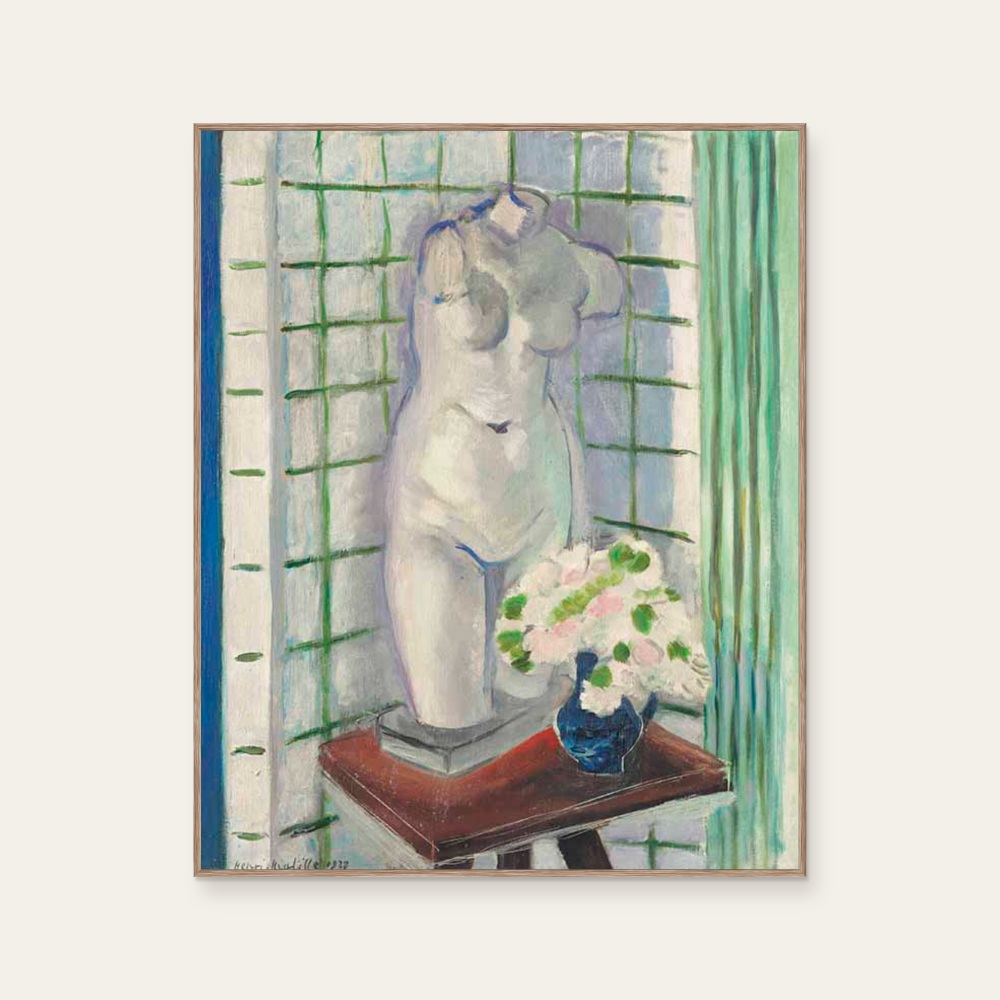 馬諦斯 Henri Matisse《Antique and Carnations》：綠色調，花卉植物與靜物與建築與物件題材，直幅藝術掛畫。 產品圖片 2。
