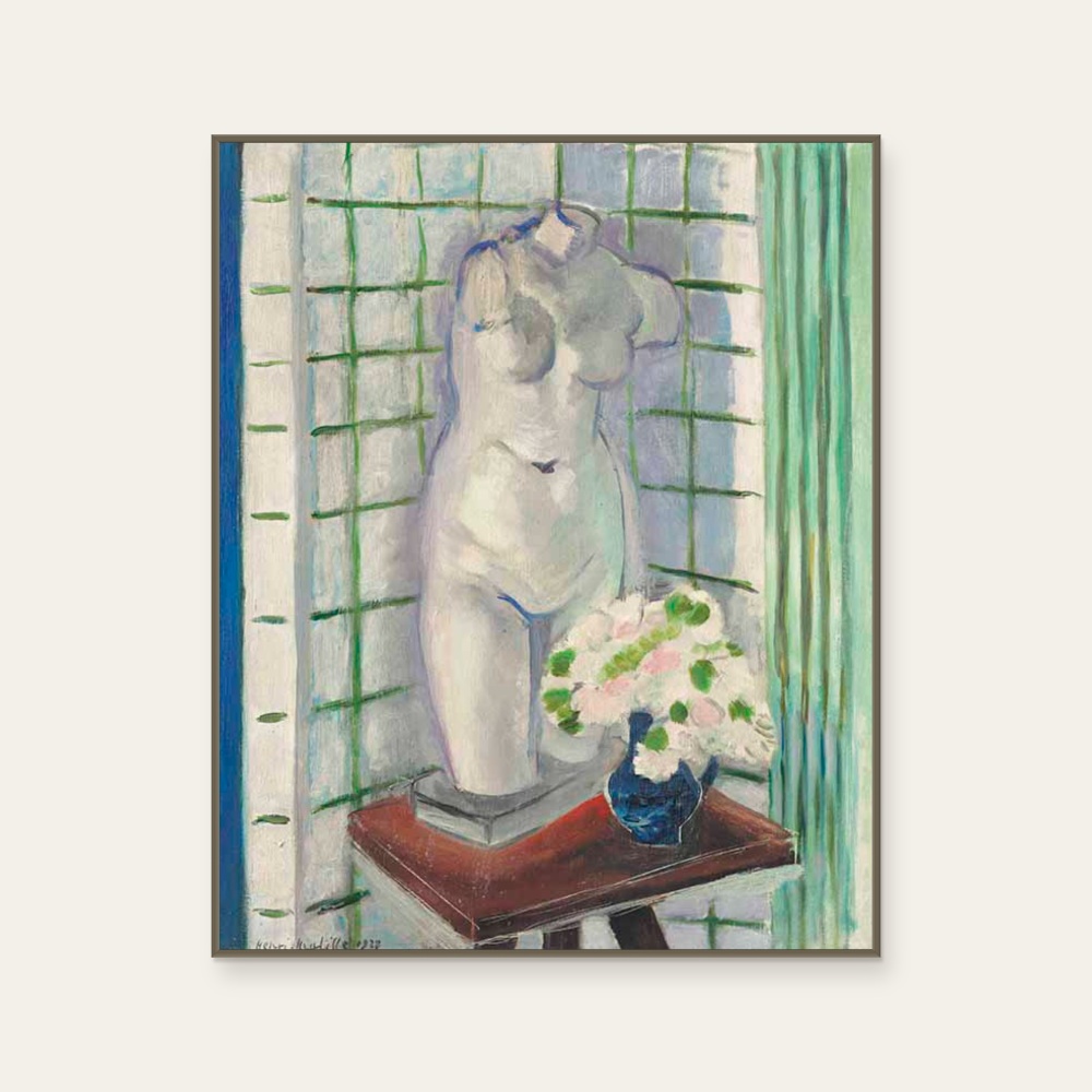 馬諦斯 Henri Matisse《Antique and Carnations》:綠色調,花卉植物與靜物與建築與物件題材,直幅藝術掛畫。 封面圖片。