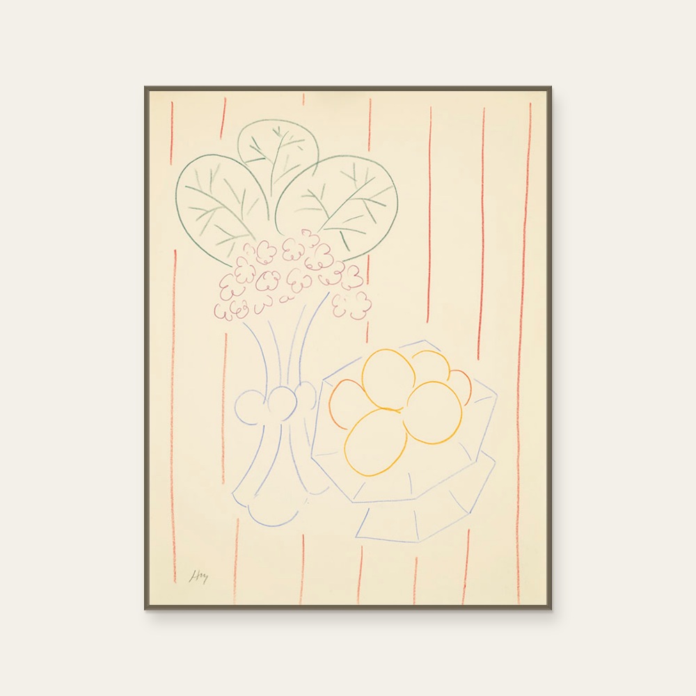 馬諦斯 Henri Matisse《Flowers and Fruits, Striped Background》：奶茶／棕色調，花卉植物與靜物與抽象線條題材，直幅藝術掛畫。 產品圖片 2。