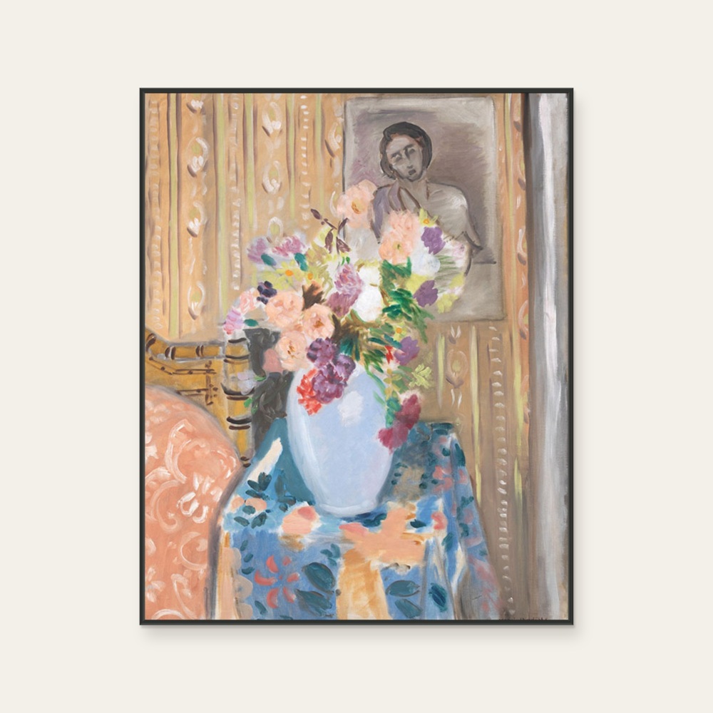 Flowers or Flowers in front of a portrait by Henri Matisse, a vertical art print featuring flowers and still life, in multicoloured tones. Product image 2.