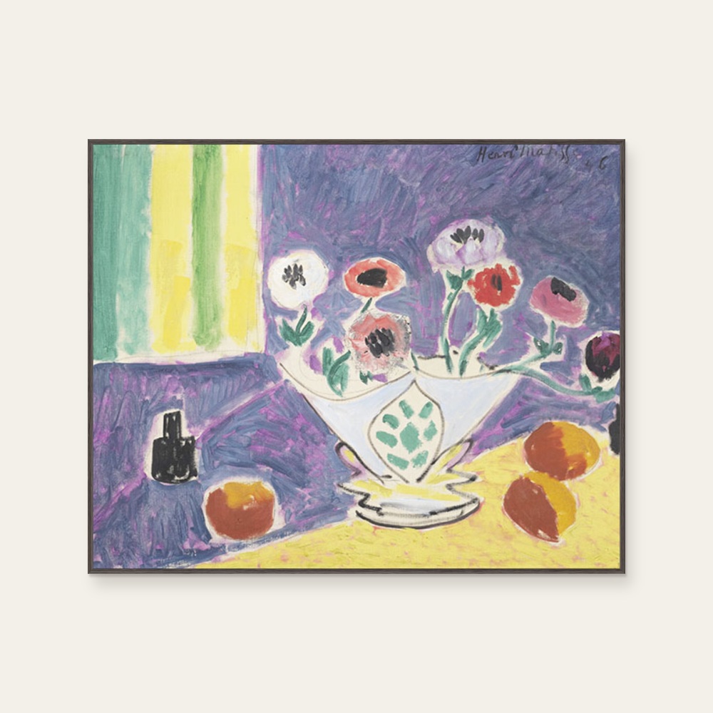 馬諦斯 Henri Matisse《Vase of Anemones》：紫與黃色調，花卉植物與靜物與抽象線條題材，橫幅藝術掛畫。 產品圖片 2。