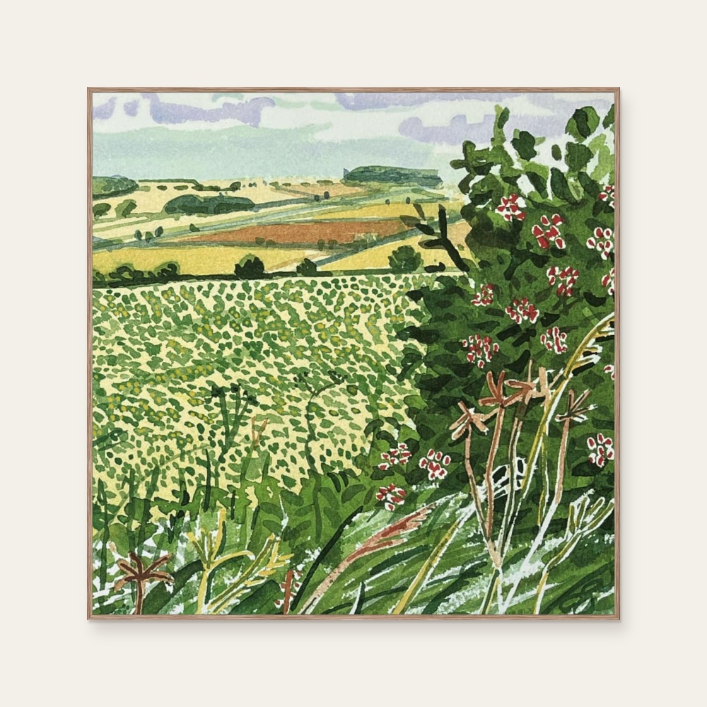David Hockney《A Gap in the Hedgerow (from Midsummer: East Yorkshire)》:綠色調,自然風景題材,橫幅海報。 封面圖片。