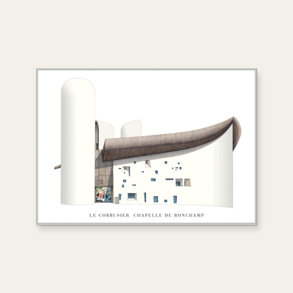 Le Corbusier《廊香教堂 Chapelle de Ronchamp (Chapelle Notre Dame du Haut)》：灰與奶茶／棕色調，建築與物件題材，橫幅海報。