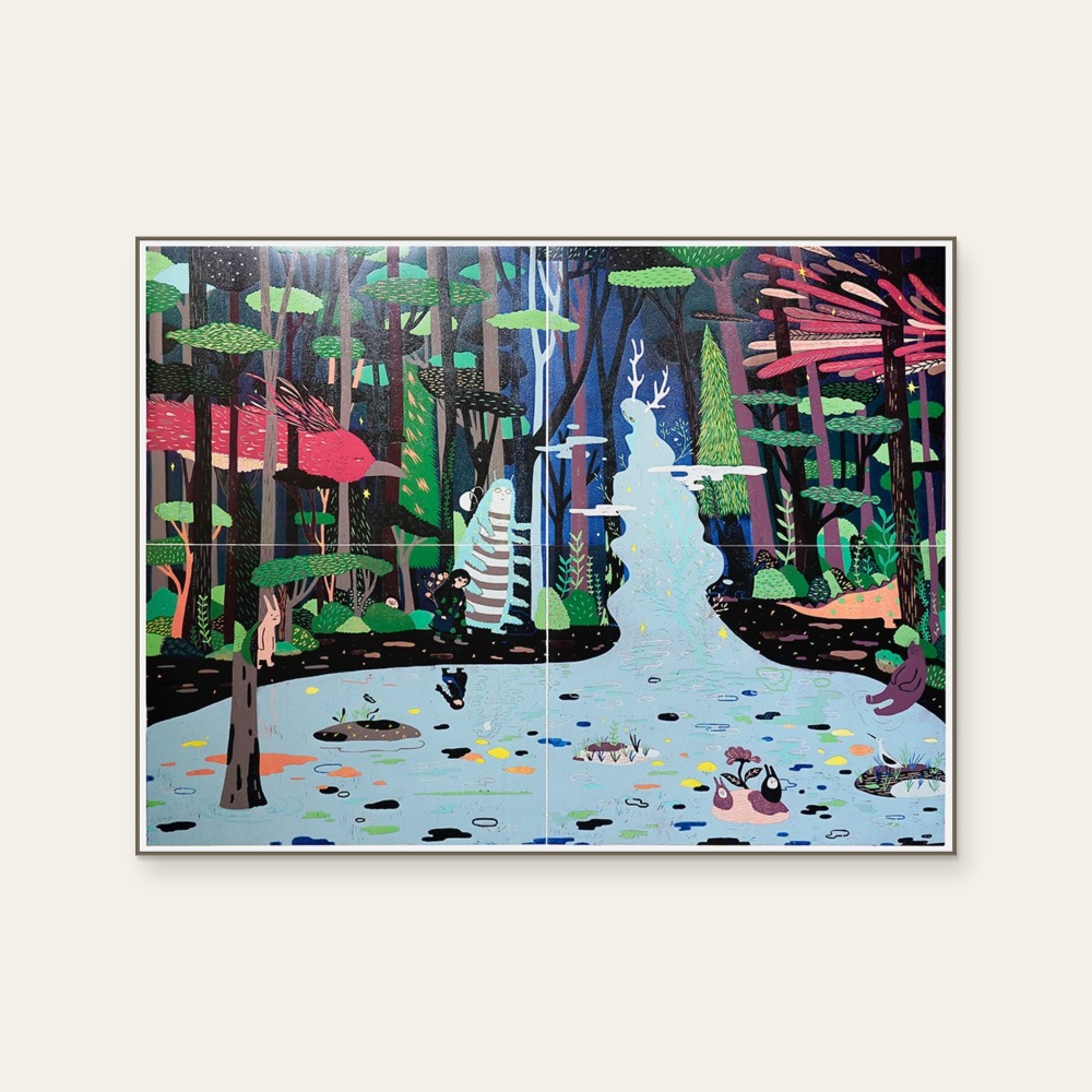 蔡詠欣 XINs《原作版畫 · 湖岸散步》:綠與奶茶/棕與多彩色調,角色與自然風景題材,橫幅限量作品。 封面圖片。
