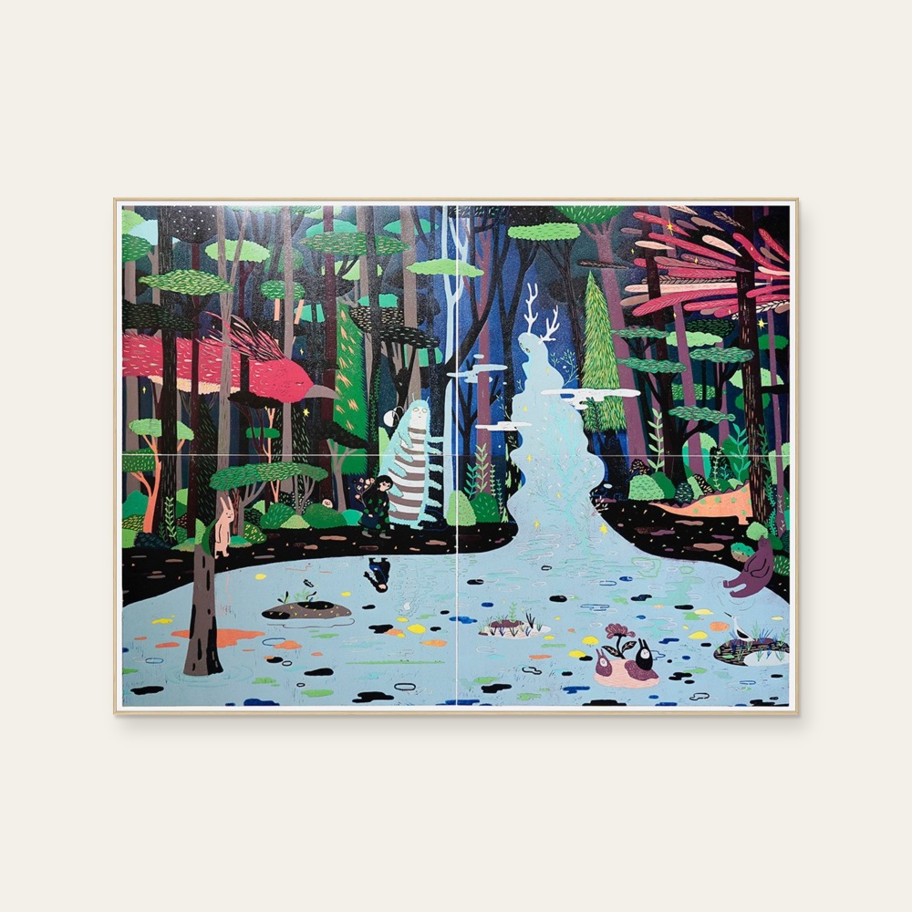 蔡詠欣 XINs《原作版畫 · 湖岸散步》：綠與奶茶／棕與多彩色調，角色與自然風景題材，橫幅限量作品。