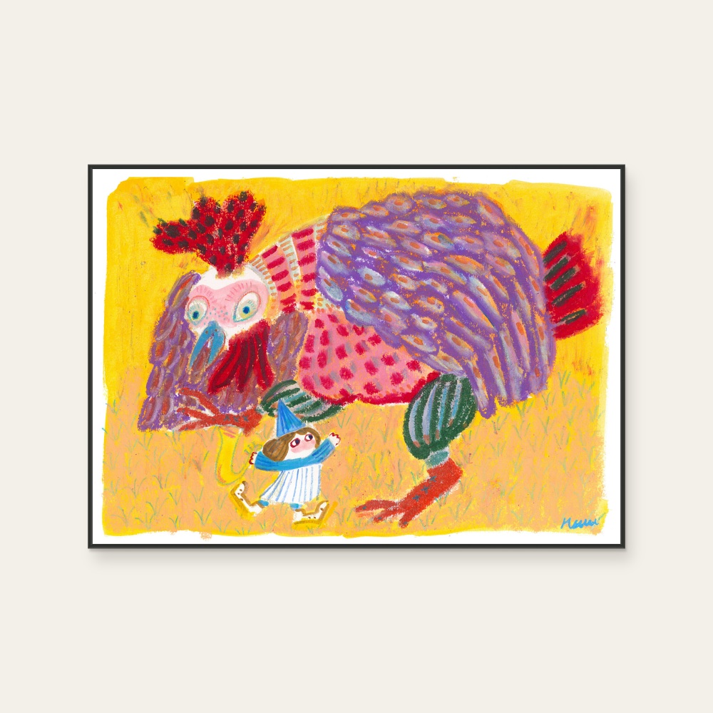 Little Blue Man and the Dancing Chicken by HSU, CHIA-YU, a horizontal art print featuring animals and characters, in multicoloured tones. Product image 2.