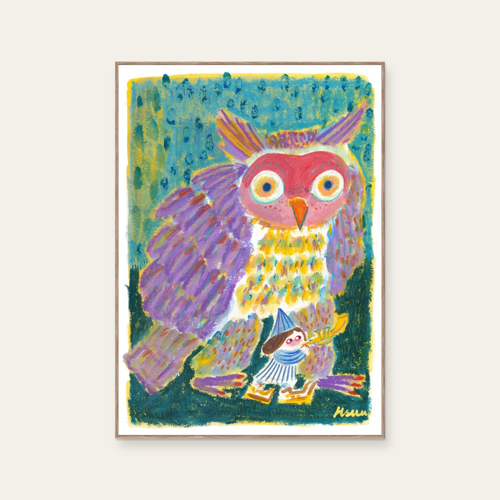 Little Blue Man and Big Eyes by HSU, CHIA-YU, a vertical art print featuring animals and characters, in multicoloured tones. Product image 2.