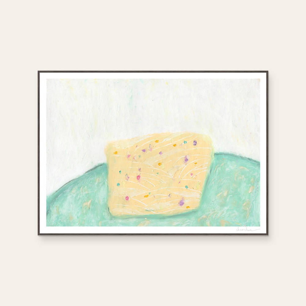 ChanChan《一塊小蛋糕 Piece of cake · Chan Chan》：黃與藍綠色調，花卉植物與靜物題材，橫幅藝術掛畫。 產品圖片 2。