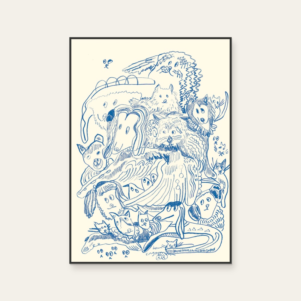 Lingoooo 013 Dog family (Blue) by Febbi, a vertical art print featuring animals and graffiti and pop art, in blue tones. Product image 3.