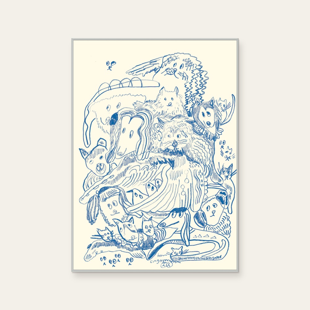 Lingoooo 013 Dog family (Blue) by Febbi, a vertical art print featuring animals and graffiti and pop art, in blue tones. Product image 2.