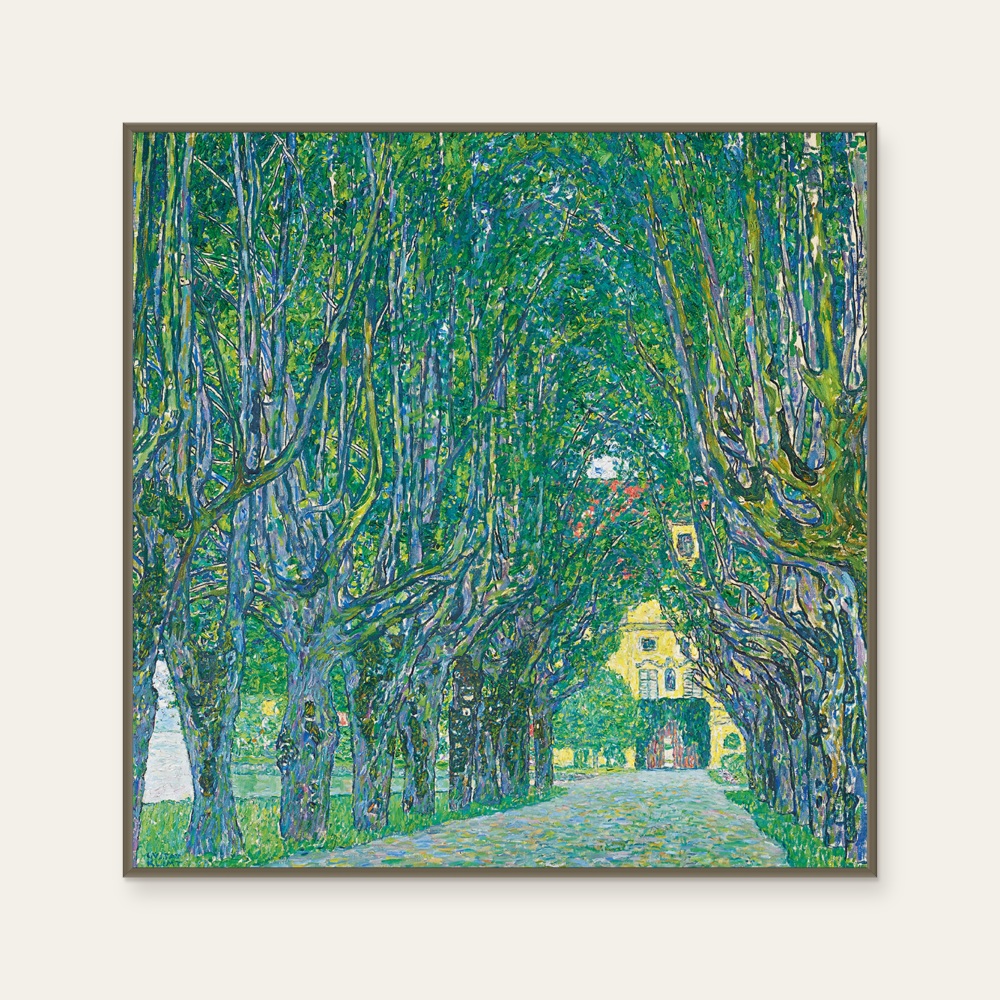 Avenue in the Park of Kammer Castle by Klimt, a square art print featuring flowers and still life and natural landscapes, in green and blue tones. Cover image.