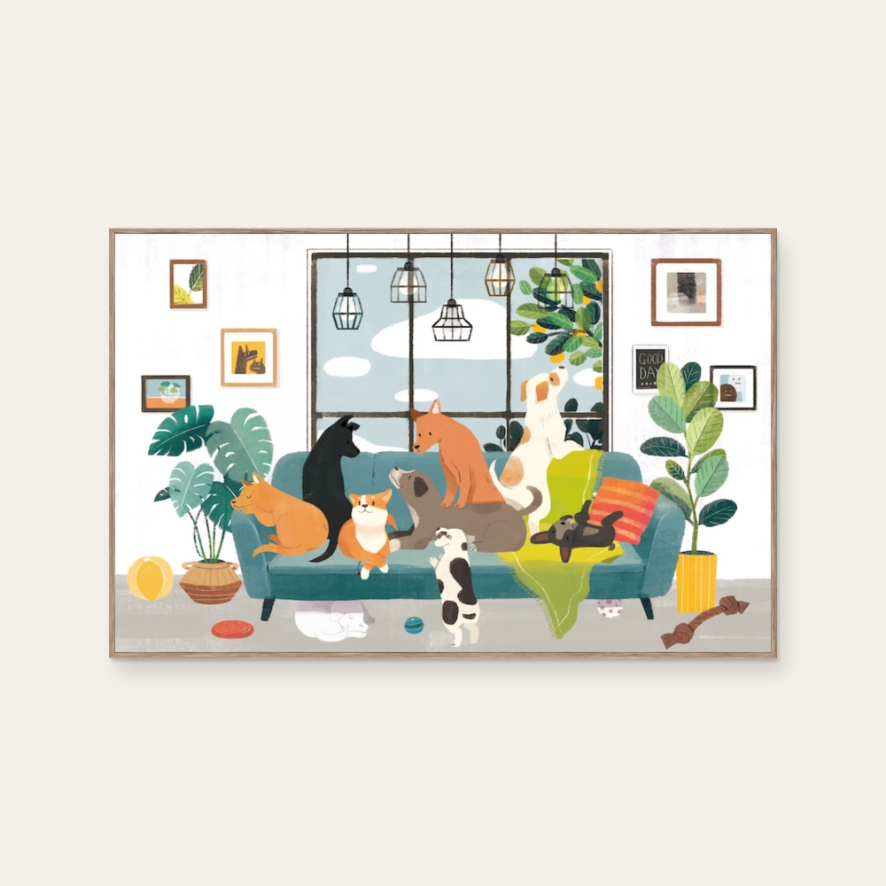 Waiting for you to come home – Dog (daytime version) by ABOO YANG, a horizontal art print featuring figures and animals, in multicoloured tones. Cover image.