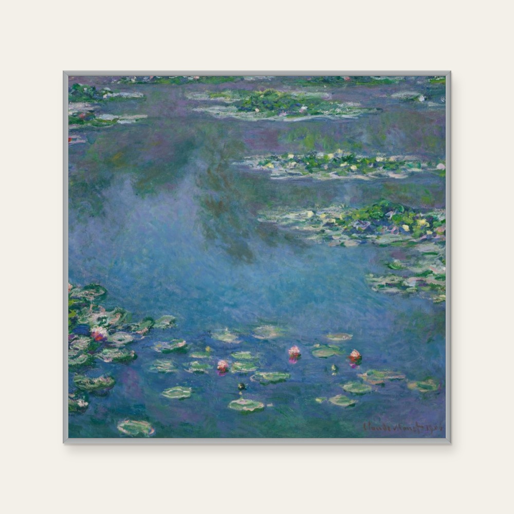 Water Lily Pond 1933 by Monet, a horizontal art print featuring flowers and still life and natural landscapes, in blue and teal tones. Cover image.