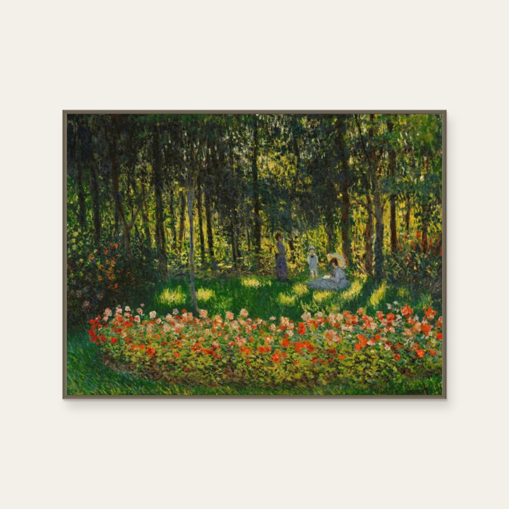 莫內 Monet《在花園中，藝術家的家人Au jardin, la famille de l’artiste》：綠色調，花卉植物與靜物與自然風景題材，橫幅藝術掛畫。 產品圖片 2。