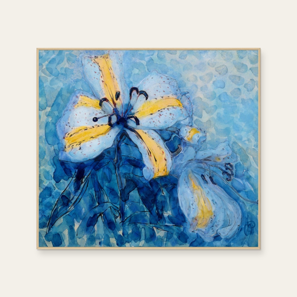 Piet Mondrian《Golden-Banded Lily 金色百合》：藍色調，花卉植物與靜物題材，橫幅藝術掛畫。 產品圖片 2。