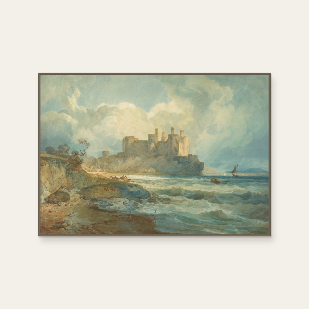 威廉·透納 William Turner《Conway Castle, North Wales》：奶茶／棕與藍綠色調，自然風景題材，橫幅藝術掛畫。 產品圖片 2。