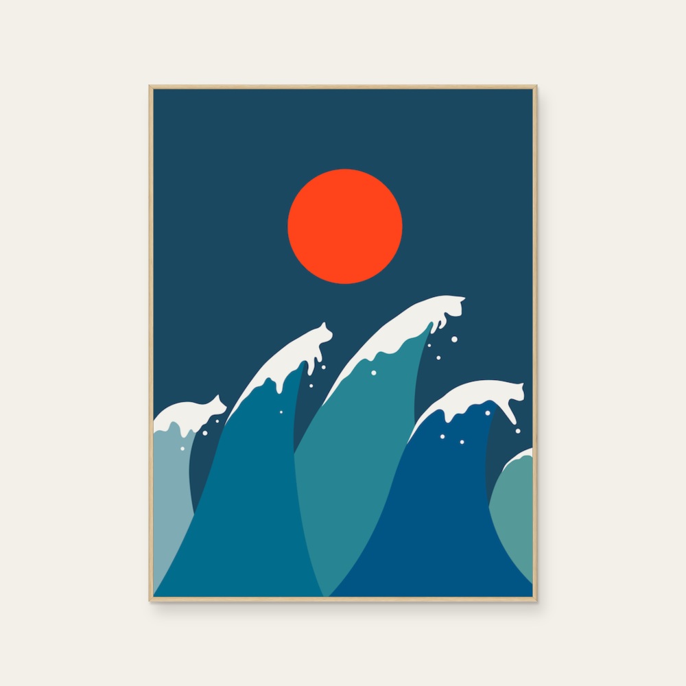 Cat Landscape 15-Cat on the Top of the Waves by ilovedoodles, a vertical art print featuring animals and graffiti and pop art, in blue and red / orange tones. Product image 2.