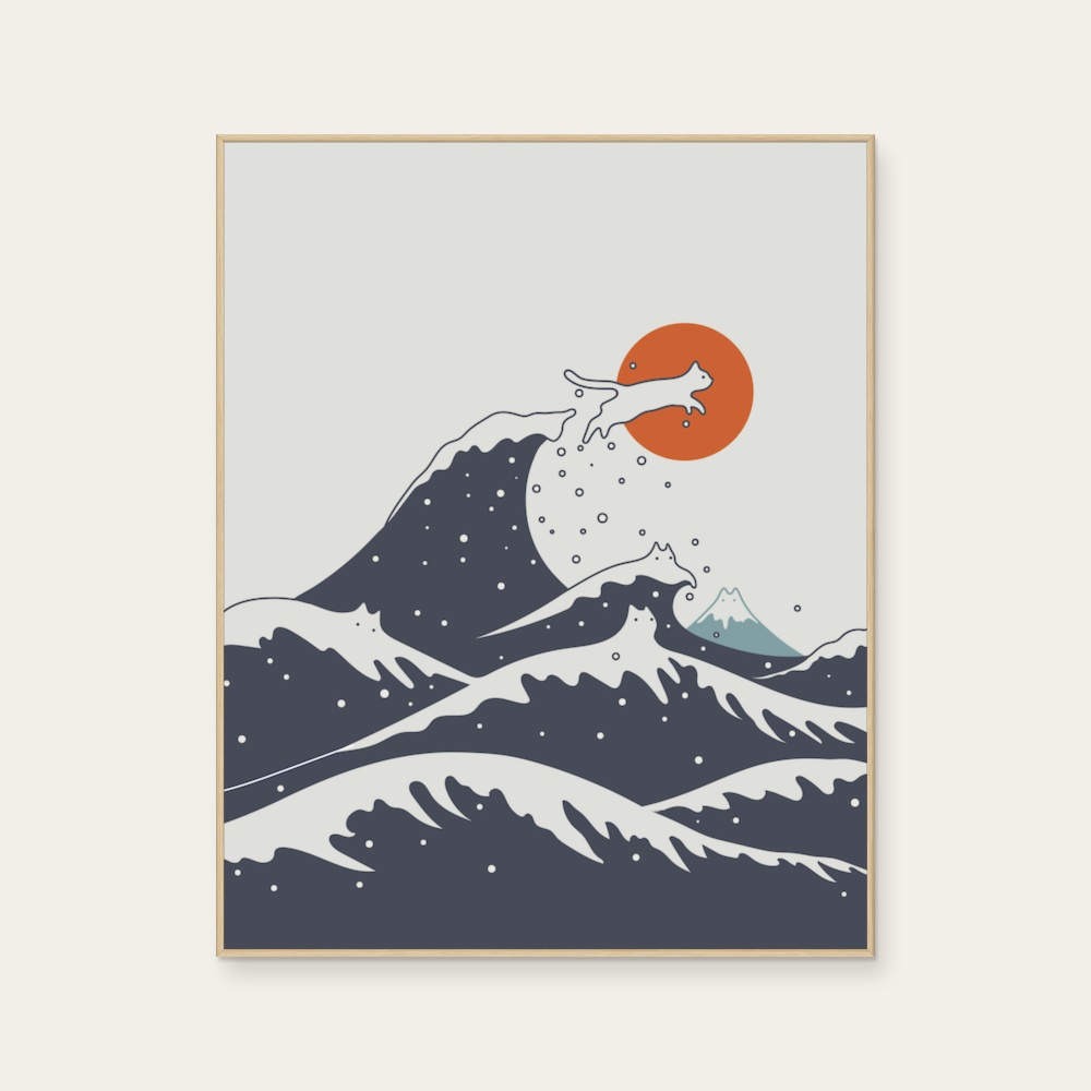 Cat Landscape 55C-Surfing Tall Cat by ilovedoodles, a vertical art print featuring animals and graffiti and pop art, in blue and red / orange tones. Product image 2.
