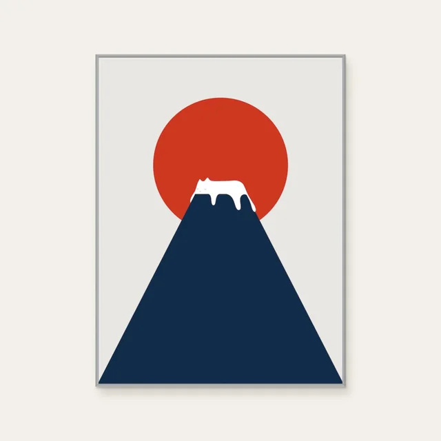 ilovedoodles《貓咪地景 5-富士山》：藍與紅／橘色調，動物與塗鴉與潮流題材，直幅藝術掛畫。 封面圖片。