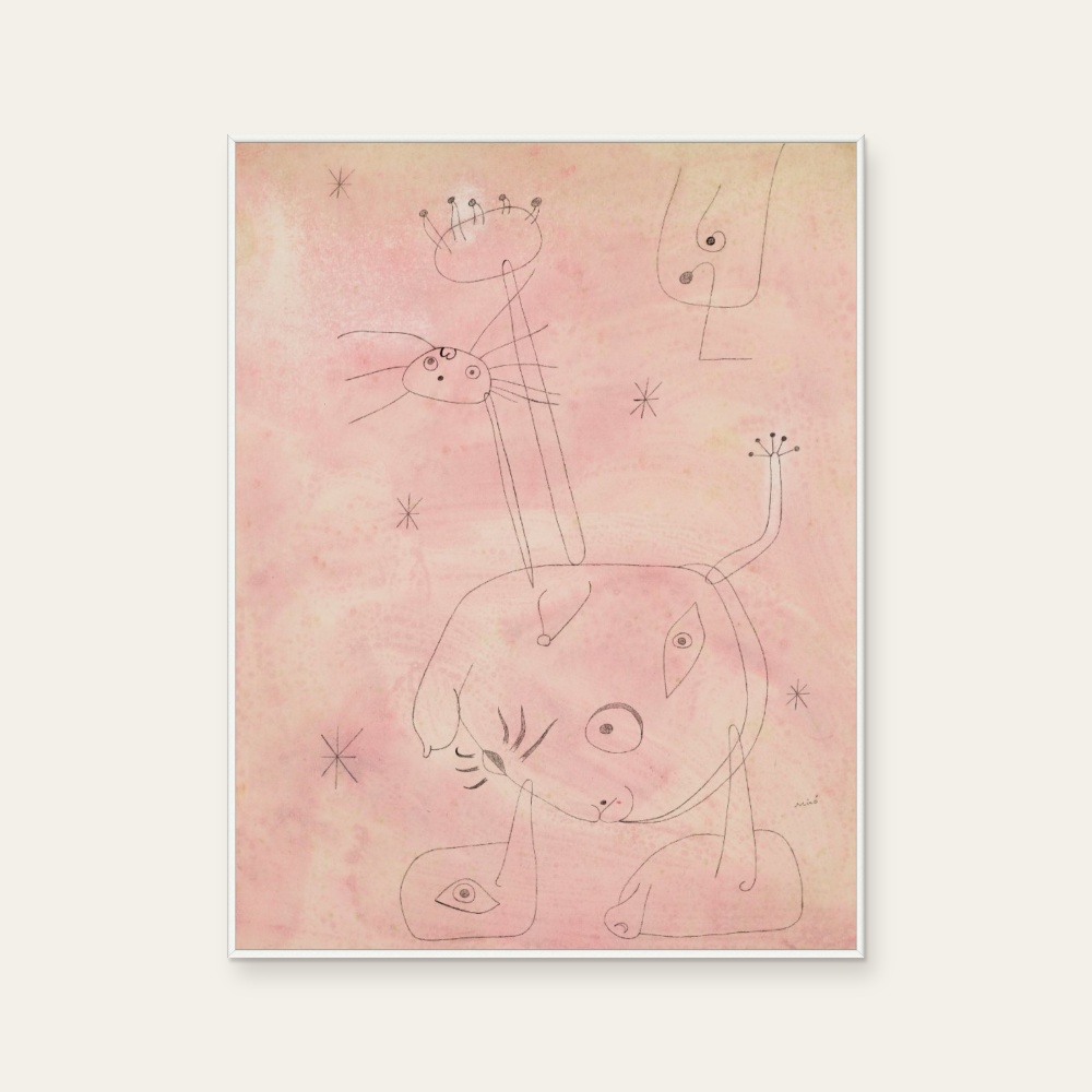 Women, birds, stars by Joan Miró, a vertical art print featuring abstract lines, in pink tones. Product image 2.