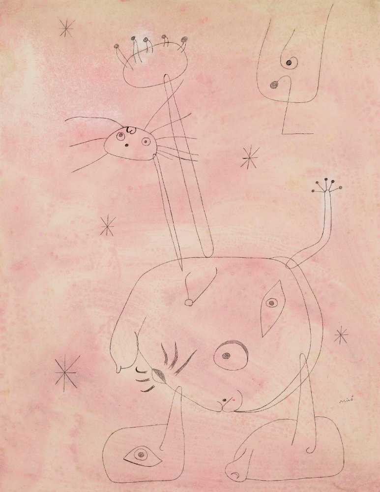 Women, birds, stars by Joan Miró, a vertical art print featuring abstract lines, in pink tones. Artwork image.