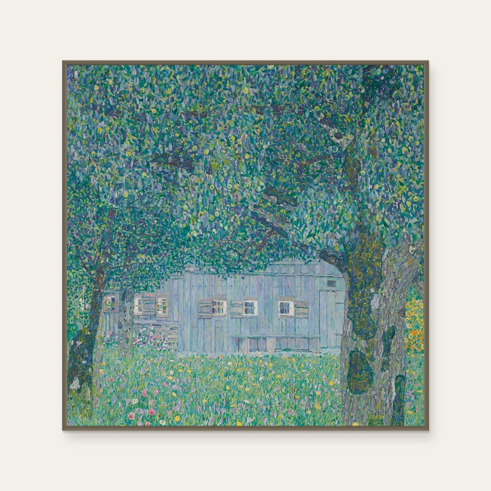 克林姆《魏森巴赫的林務員小屋 II(花園)》:綠與藍色調,花卉植物與靜物與自然風景題材,方形藝術掛畫。 封面圖片。