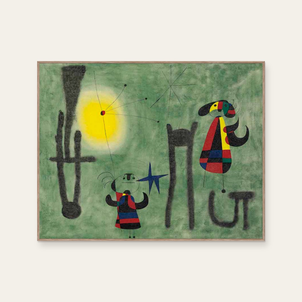 Birds fly to the place where they grow on the hills of Phnom Penh by Joan Miró, a horizontal art print featuring figures and abstract lines, in green tones. Product image 2.