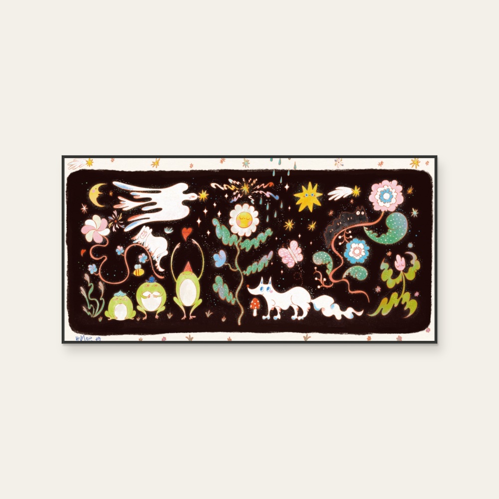 幽默之星《幽默之森》：多彩色調，動物與花卉植物與靜物題材，橫幅藝術掛畫。 產品圖片 2。