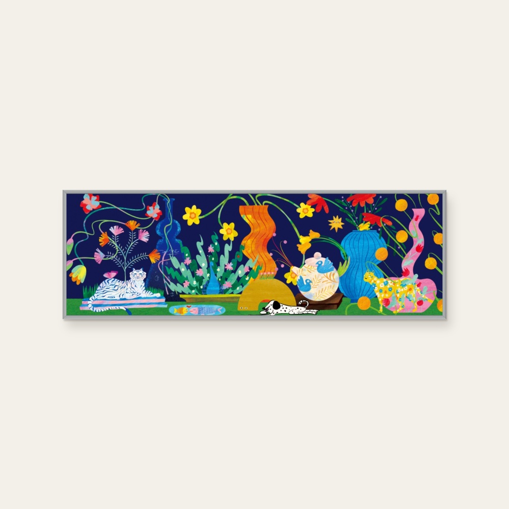 Humorous Forest in a Bottle by Humor Star, a horizontal art print featuring animals and flowers and still life, in blue and green tones. Cover image.