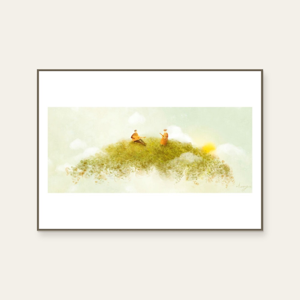 I still want to hear your story by Manting, a horizontal art print featuring figures and flowers and still life, in green tones. Product image 2.