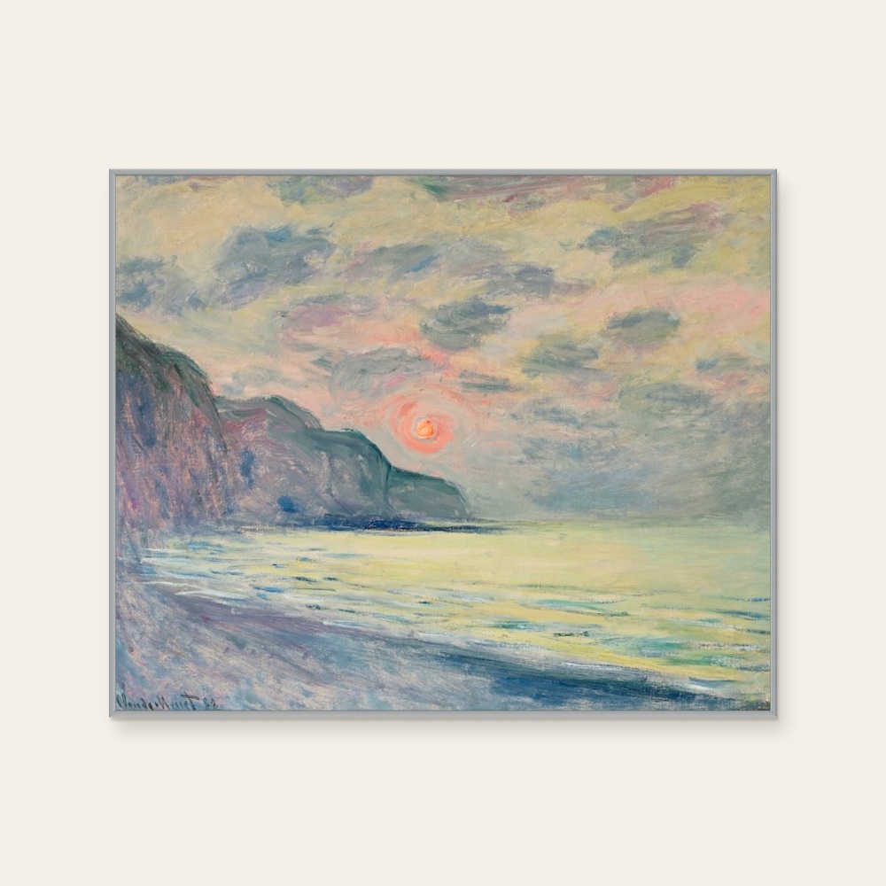 莫內 Monet《日落，多霧的天氣，布維爾 Soleil couchant, temps brumeux, Pourville》：藍與粉紅色調，自然風景題材，橫幅藝術掛畫。 產品圖片 2。