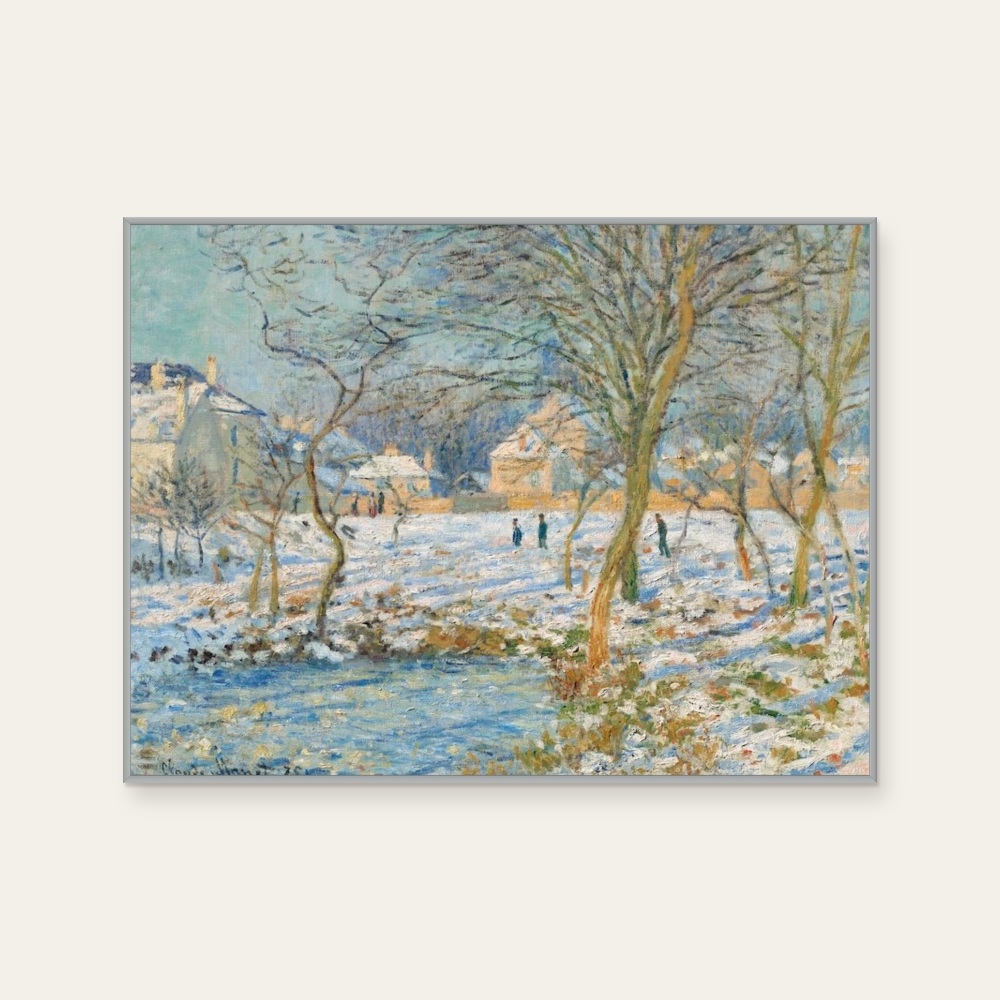 莫內 Monet《池塘，雪的效果 La mare, effet de neige》：藍與奶茶／棕色調，自然風景題材，橫幅藝術掛畫。 產品圖片 2。