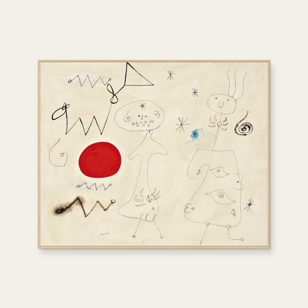 Women and birds in front of the sun by Joan Miró, a horizontal art print featuring abstract lines, in cream / brown and red / orange tones. Cover image.