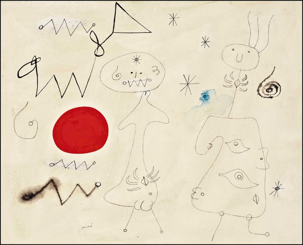 Women and birds in front of the sun by Joan Miró, a horizontal art print featuring abstract lines, in cream / brown and red / orange tones. Artwork image.