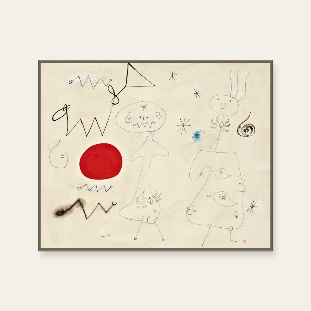 Women and birds in front of the sun by Joan Miró, a horizontal art print featuring abstract lines, in cream / brown and red / orange tones. Product image 2.