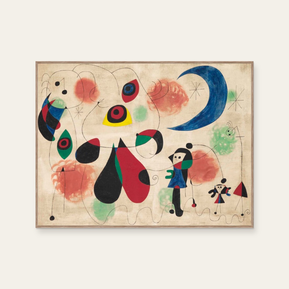 Painting (woman, moon, bird) by Joan Miró, a horizontal art print featuring abstract lines, in multicoloured tones. Cover image.