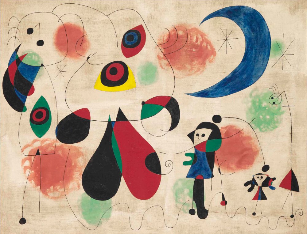 Painting (woman, moon, bird) by Joan Miró, a horizontal art print featuring abstract lines, in multicoloured tones. Artwork image.