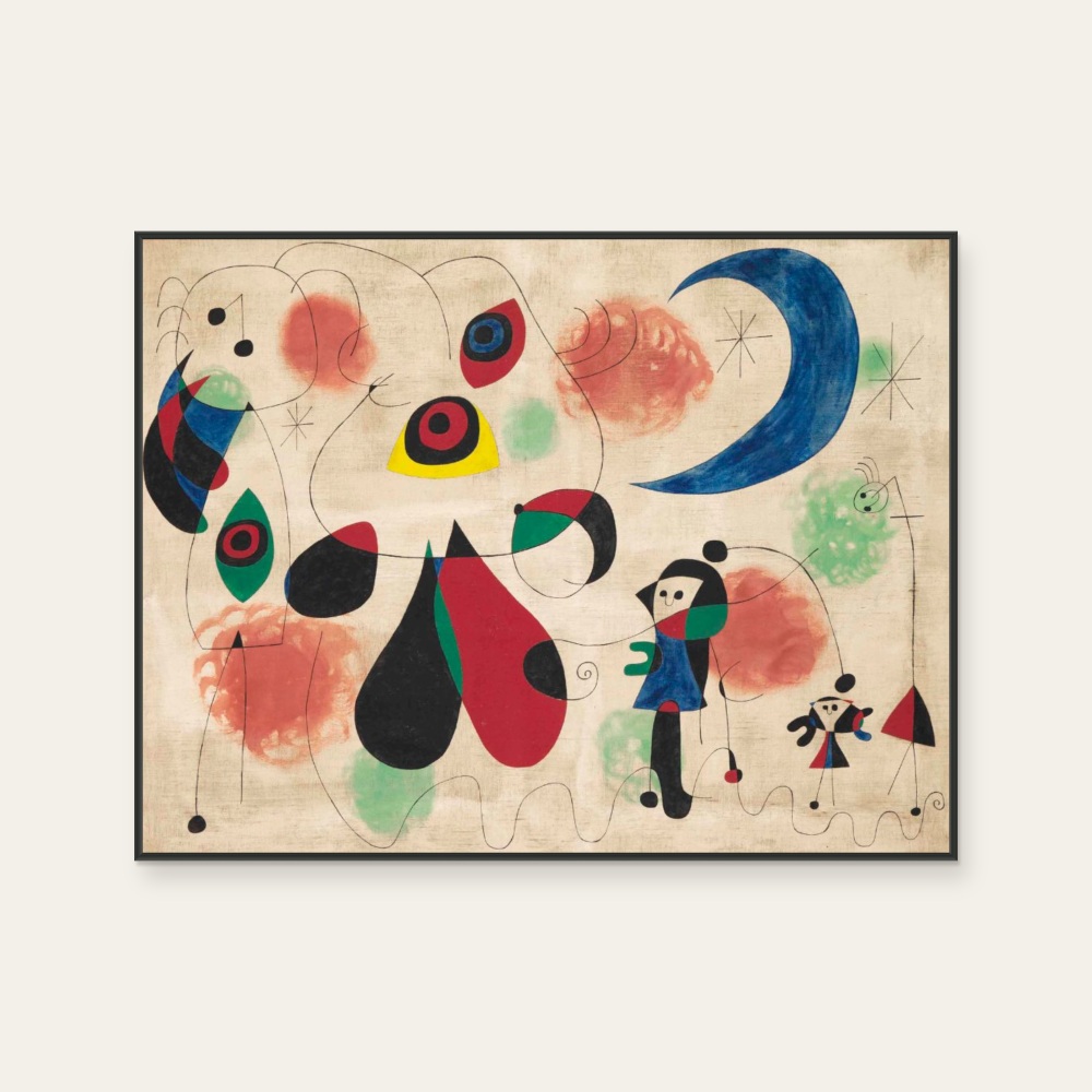 Painting (woman, moon, bird) by Joan Miró, a horizontal art print featuring abstract lines, in multicoloured tones. Product image 2.